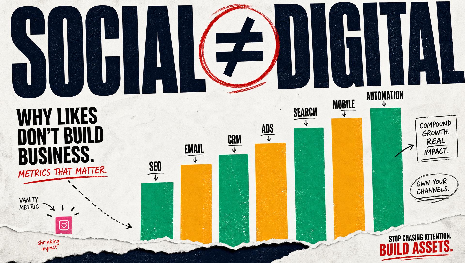 Bold editorial illustration reading Social ≠ Digital with a bar chart of marketing channels