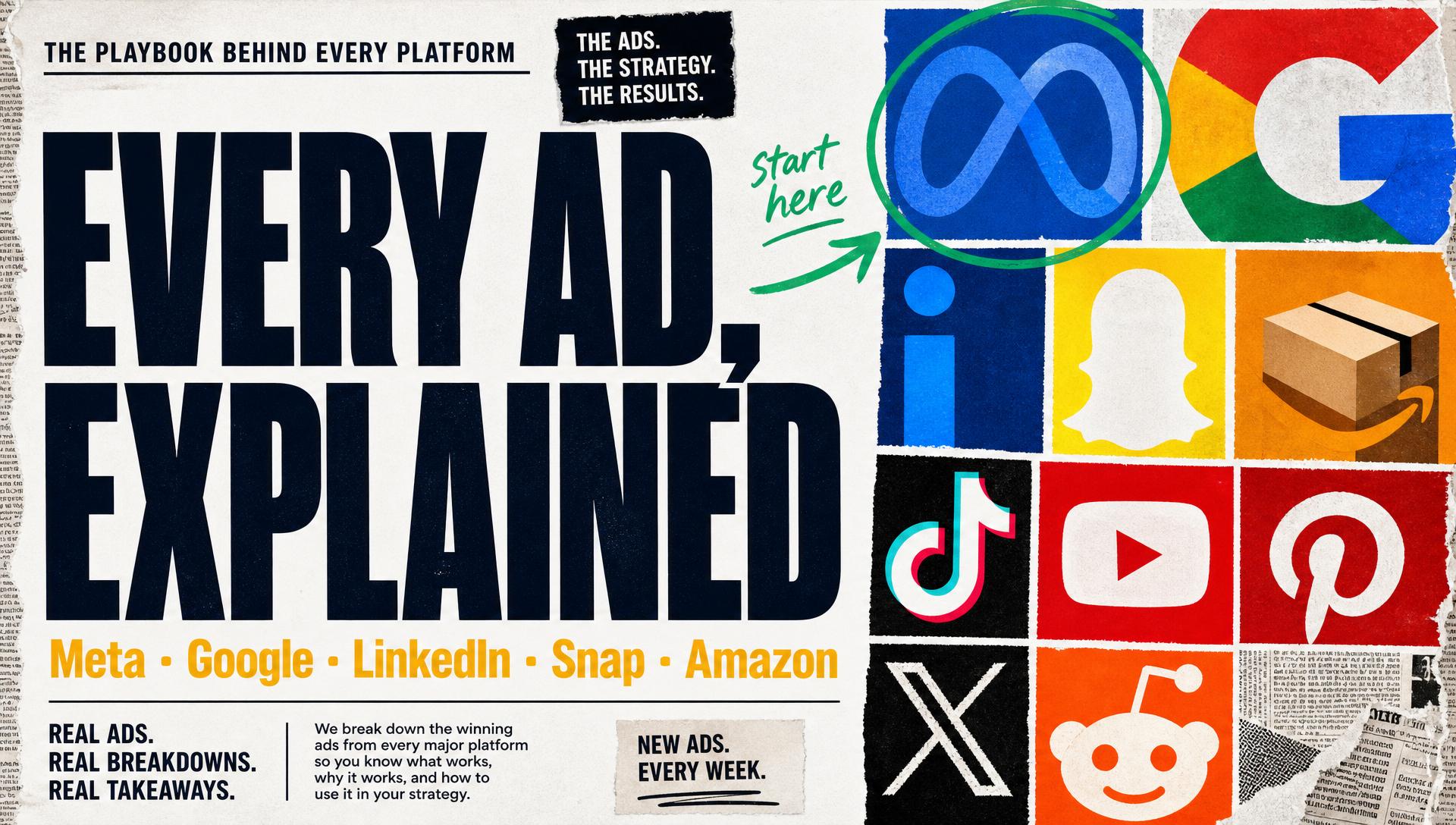 Bold editorial illustration titled Every Ad, Explained showing Meta, Google, LinkedIn, Snap and Amazon logos